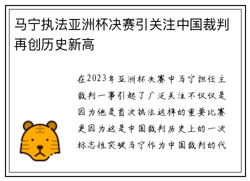 马宁执法亚洲杯决赛引关注中国裁判再创历史新高