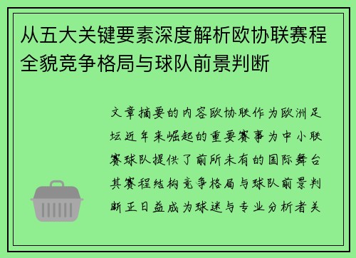从五大关键要素深度解析欧协联赛程全貌竞争格局与球队前景判断